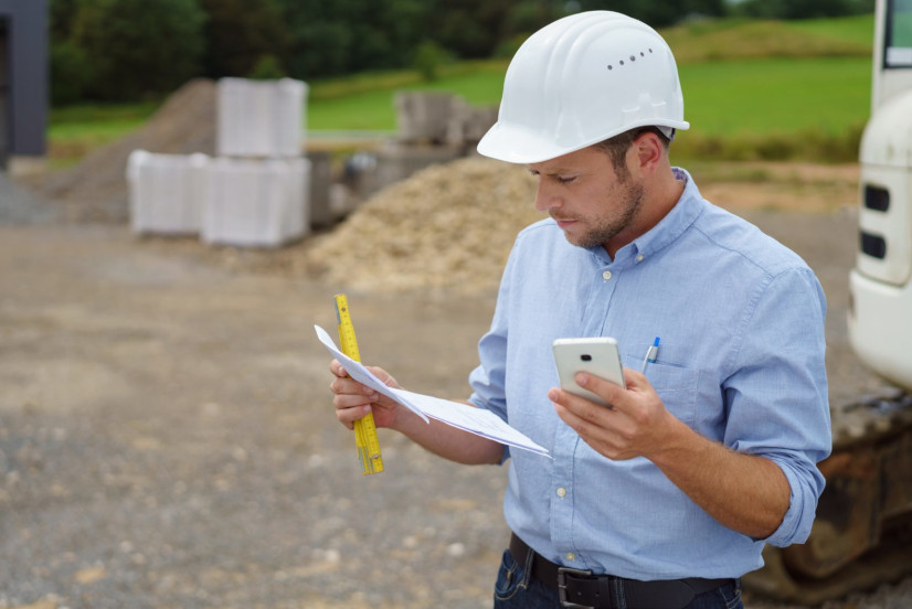 Bauleiter überwacht Fortschritt mit Bauapp am Smartphone
