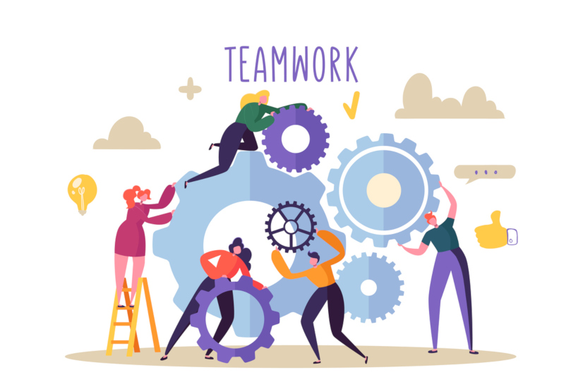 Business Teamwork Concept. Flat People Characters Running Gears Mechanism. Engineering Product Development. Vector illustration