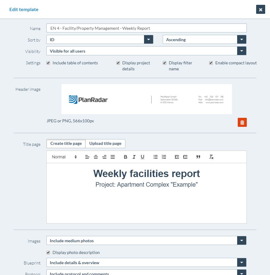 PlanRadar Report template screenshot