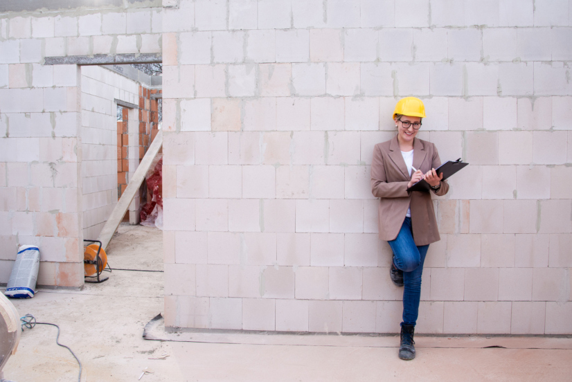 Woman as an female architect, engineer with helmet, blueprint, plans phoning on a construction site with crane