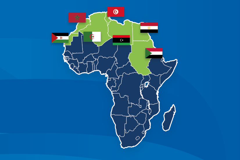African continent with north african nations highlighted including flags