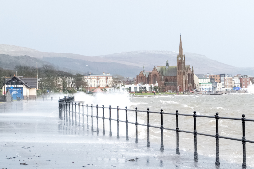 Largs, Scotland, UK - February 10, 2020: Largs promenade at high tide just after storm Ciara and still with high winds and Heavy Rain.
