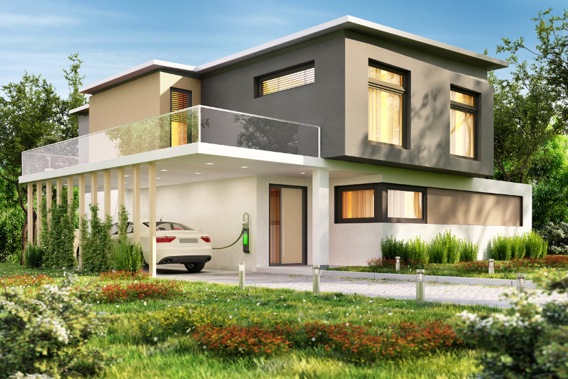A sustainable house with an electric car charging