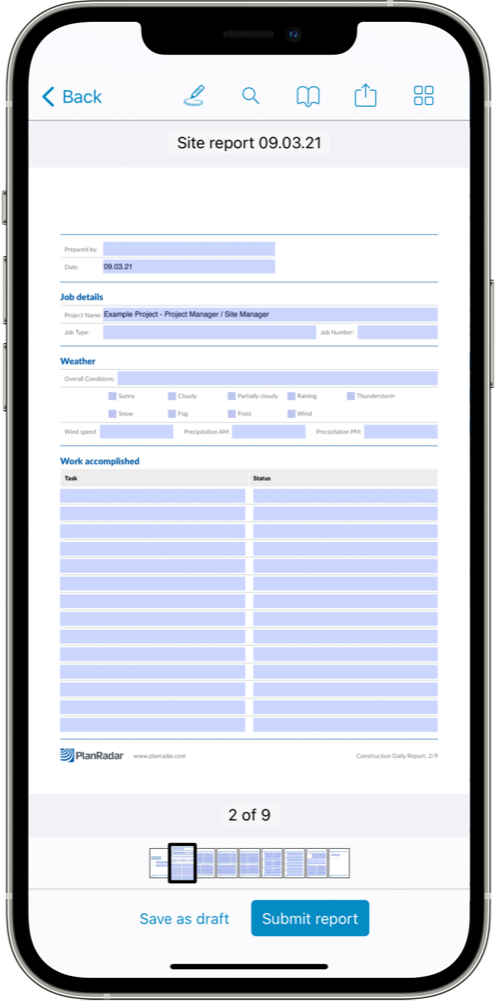 Mobile Bautagebuch App von PlanRadar für iOS, Android und Windows