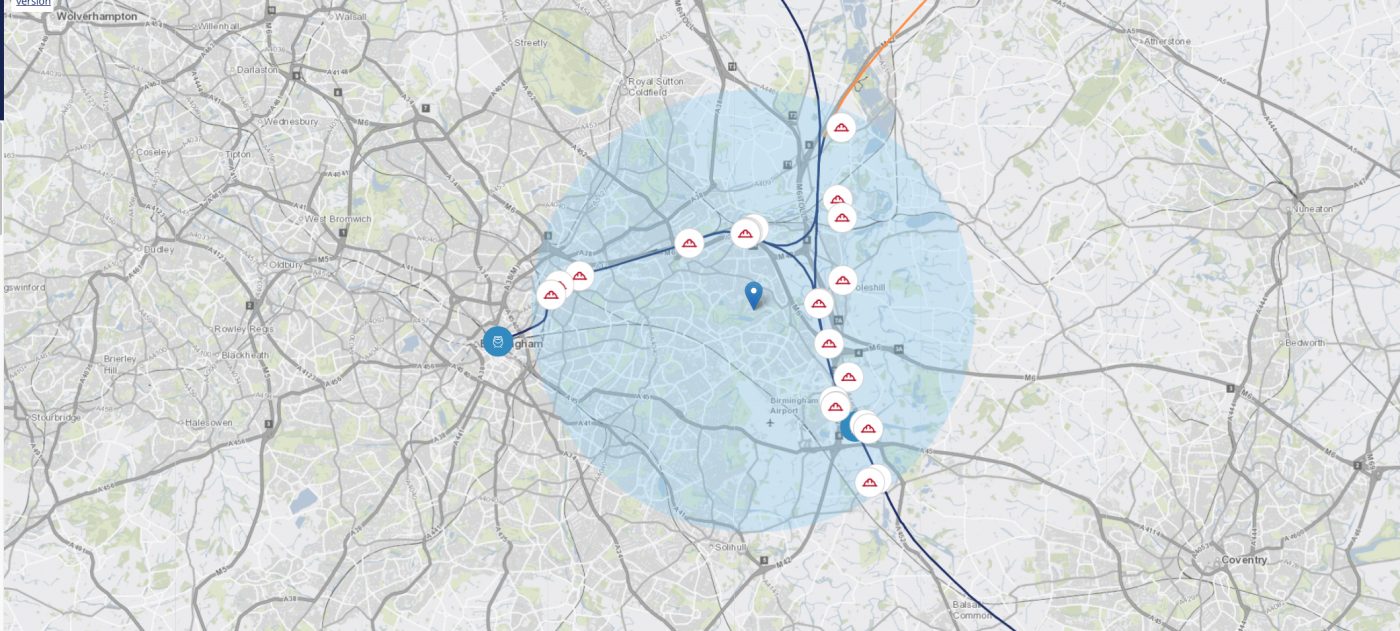 A portion of the proposed route of HS2, centered on Birmingham.