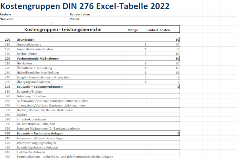 Excel-Vorlage für DIN 276 Kostengruppen