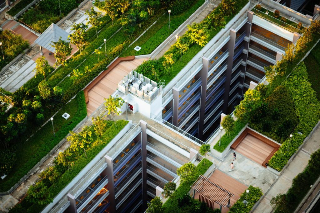 image of a multi-storey infrastructure building with a sustainable green roof